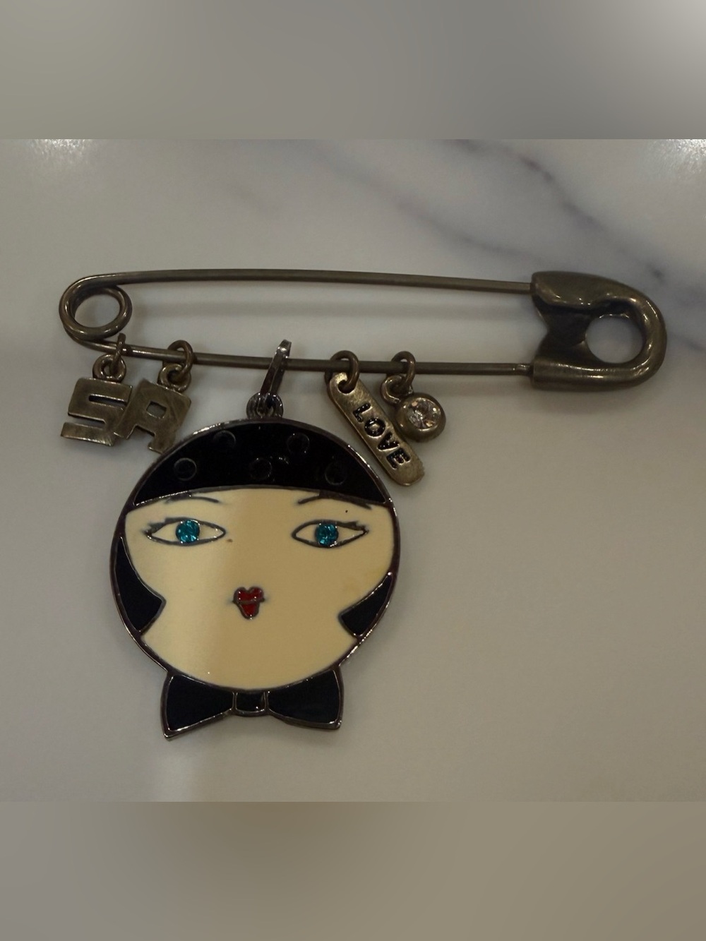 Vintage Sonia Rykiel Enamel Face Safety Pin Brooch SR Charm Y2K